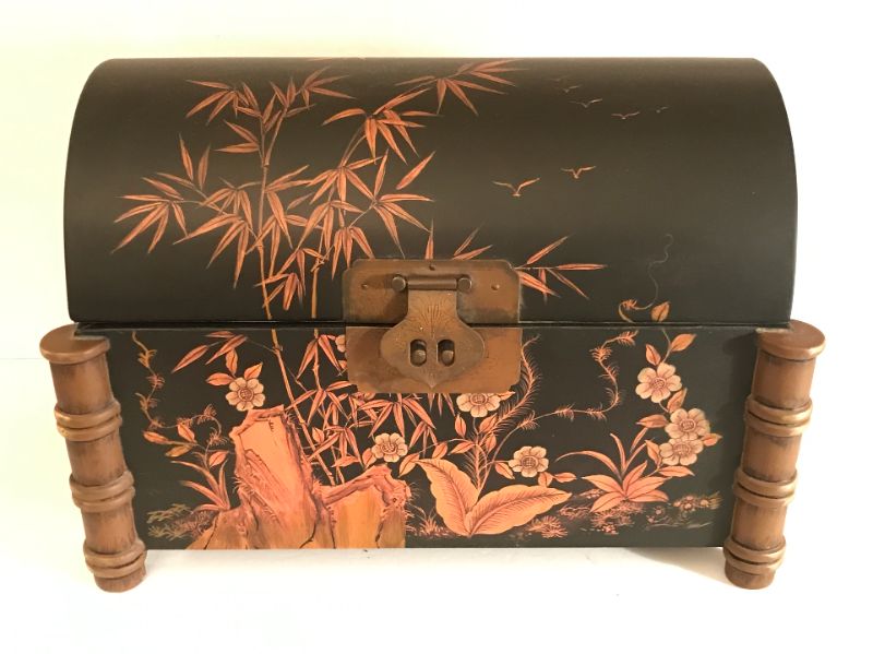 Photo 1 of LACQUERED WOODEN CHEST WITH BAMBOO CORNERS AND ARTWORK