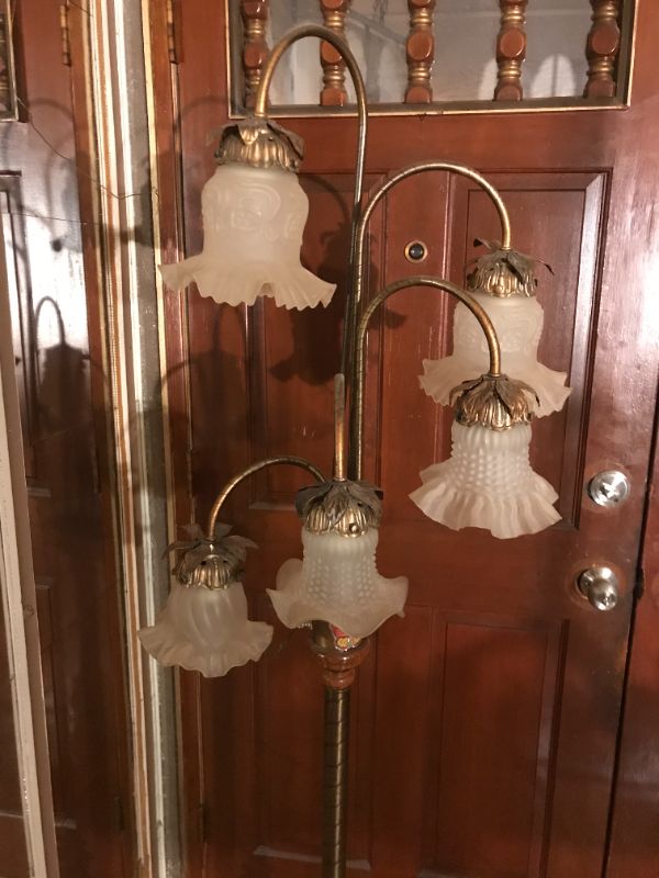 Photo 5 of VINTAGE IRON FLOOR LAMP W 5 GLASS SCALLOPED LIGHTS