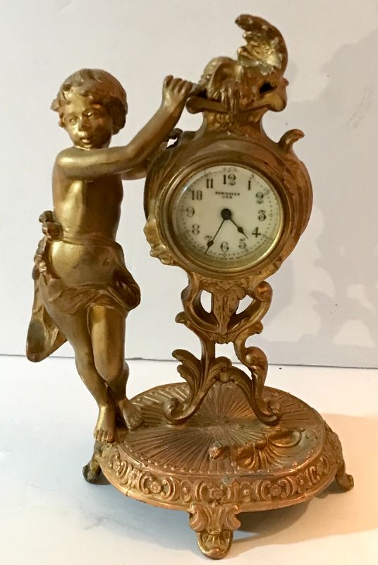 Photo 1 of ANTIQUE NEW HAVEN CLOCK CHERUB CIRCA 1910 ART NOUVEAU GOLD GILDED