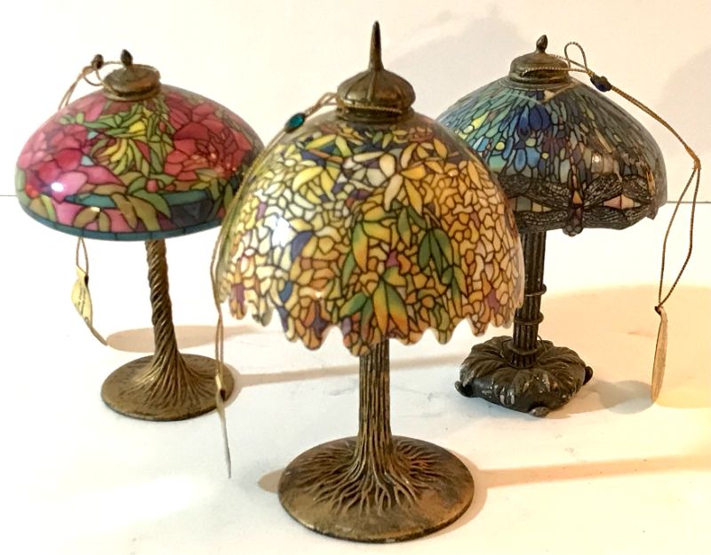 Photo 1 of HEIRLOOM PORCELAIN 2002 BRADFORD EDITION LOUIS COMFORT TIFFANY LAMPS. DRAGONFLY & LABURNAM & PEONIES 4” TALL 3” WIDE