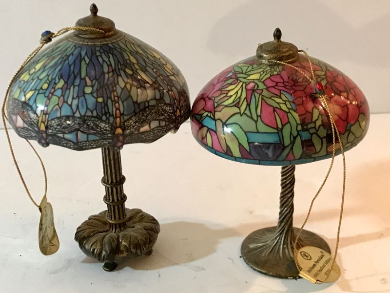 Photo 1 of HEIRLOOM PORCELAIN 2002 BRADFORD EDITION LOUIS COMFORT TIFFANY LAMPS. DRAGONFLY & LABURNAM & PEONIES 4” TALL 3” WIDE