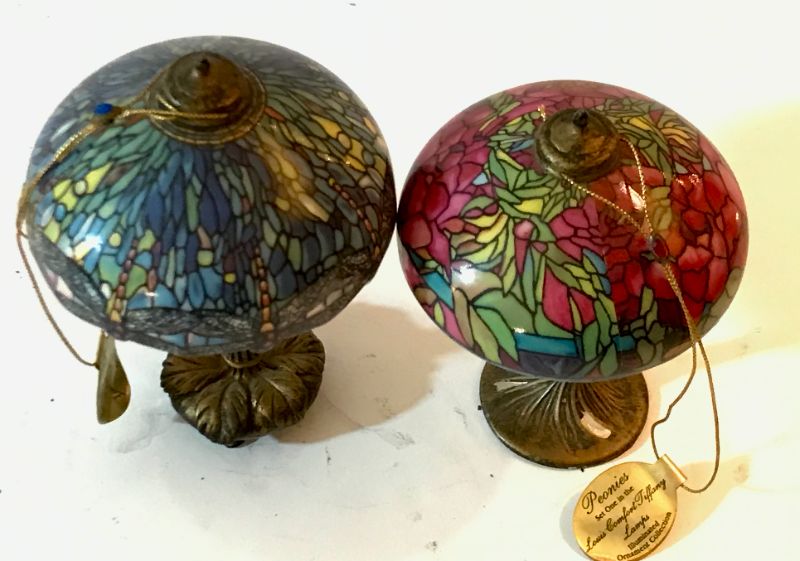 Photo 2 of HEIRLOOM PORCELAIN 2002 BRADFORD EDITION LOUIS COMFORT TIFFANY LAMPS. DRAGONFLY & LABURNAM & PEONIES 4” TALL 3” WIDE