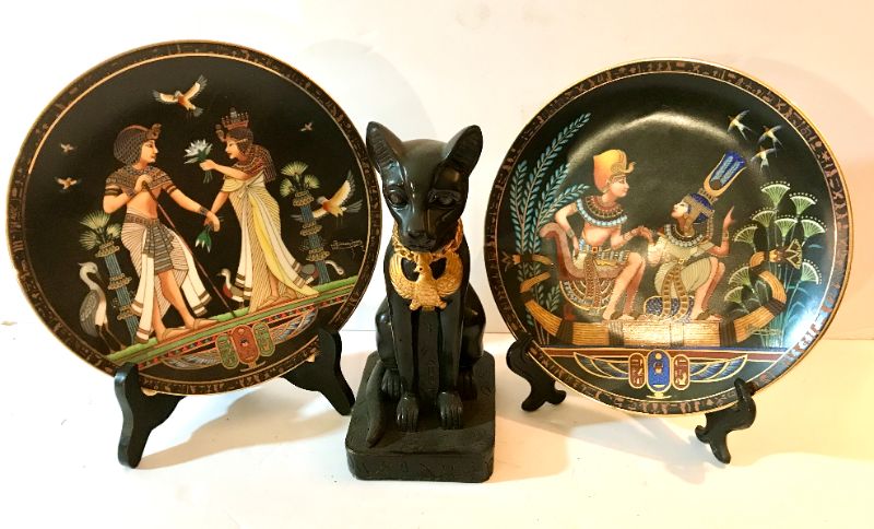 Photo 1 of EGYPTIAN DECRATIVE WALL PLATES WITH VINTAGE 8” SIMEASE PORCELAIN CERAMIC CAT SCULPTURE BLACK AND GOLD