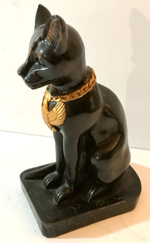 Photo 6 of EGYPTIAN DECRATIVE WALL PLATES WITH VINTAGE 8” SIMEASE PORCELAIN CERAMIC CAT SCULPTURE BLACK AND GOLD