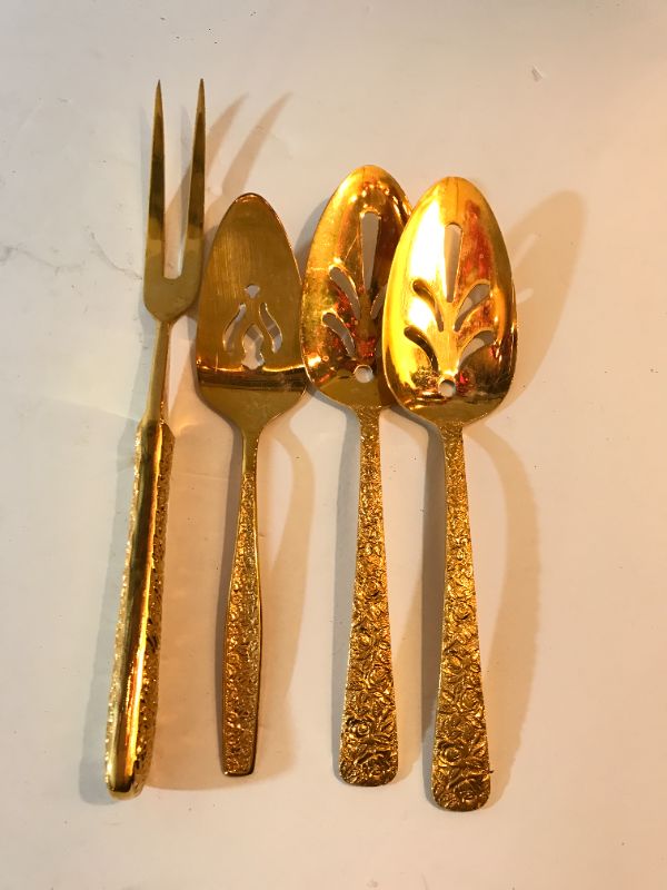 Photo 1 of VINTAGE CELLINI ROMANESQUE 1968 24k PLATED SERVING UTENSILS