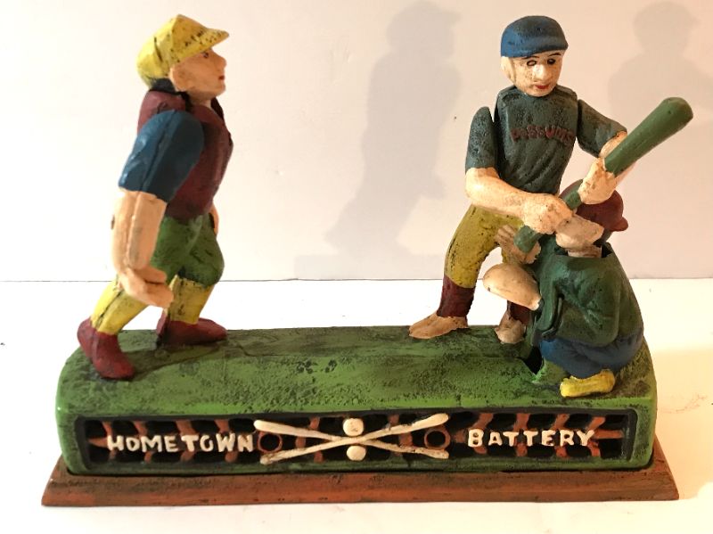 Photo 1 of VINTAGE CAST IRON BASEBALL HOMETOWN BATTERY MECHANICAL BANK