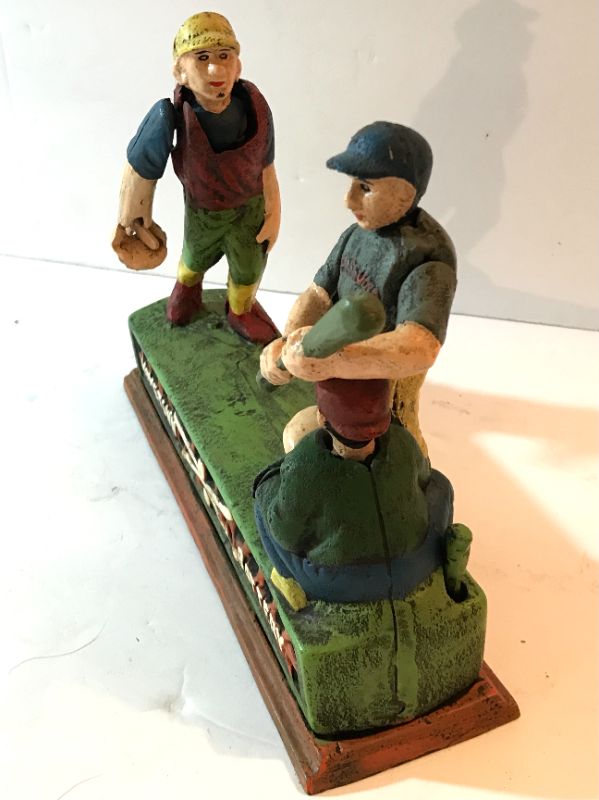 Photo 3 of VINTAGE CAST IRON BASEBALL HOMETOWN BATTERY MECHANICAL BANK