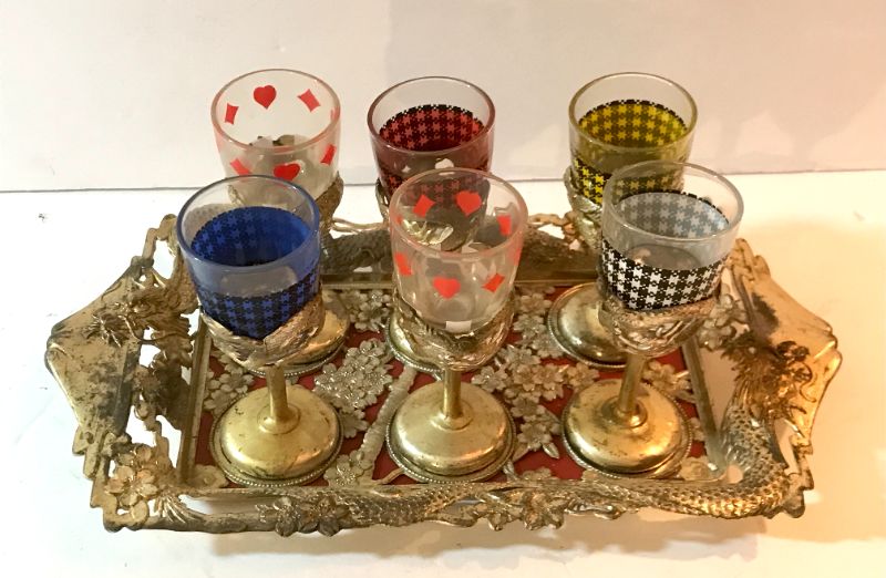 Photo 2 of VINTAGE ASIAN STYLE SILVER PLATED TRAY WITH SIX LIQUOR CUPS