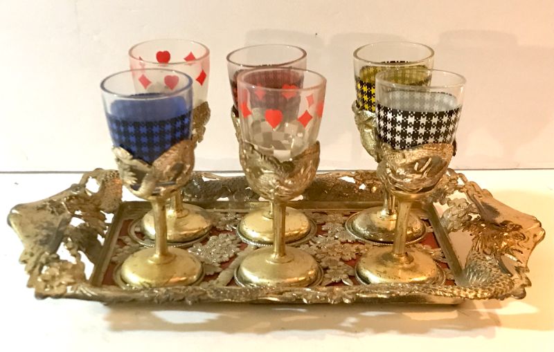 Photo 1 of VINTAGE ASIAN STYLE SILVER PLATED TRAY WITH SIX LIQUOR CUPS