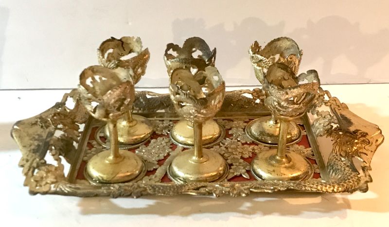 Photo 3 of VINTAGE ASIAN STYLE SILVER PLATED TRAY WITH SIX LIQUOR CUPS