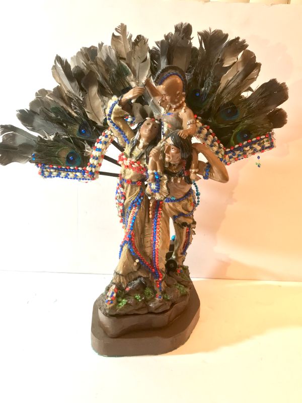 Photo 4 of NATIVE AMERICAN INDIAN FAMILY STATUE WITH FEATHERS