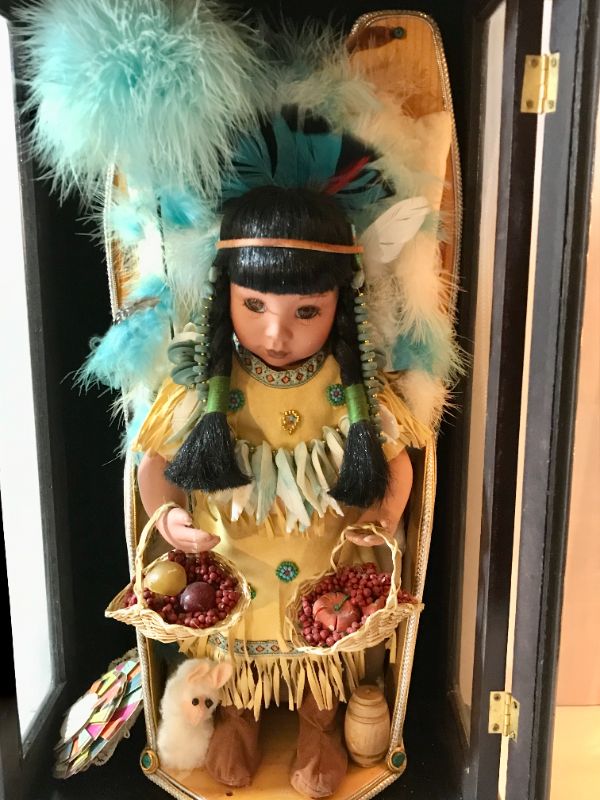 Photo 1 of ASHLEY BELLE NATIVE AMERICAN PORCELAIN DOLL 15” WITH WOODEN BOX 11” x 6” x 22”