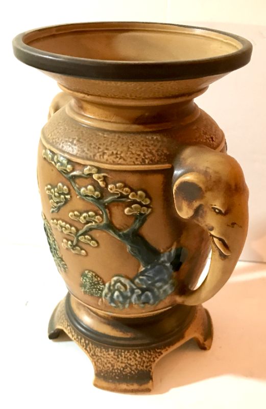 Photo 2 of VINTAGE CHINESE GORGEOUS RELIEF CERAMIC TAN HAND~PAINTED ELEPHANT HANDLES VASE 8”h & JAPANESE HAND PAINTED EGGS IN CASE