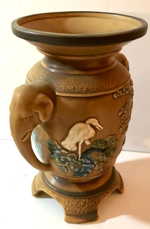 Photo 3 of VINTAGE CHINESE GORGEOUS RELIEF CERAMIC TAN HAND~PAINTED ELEPHANT HANDLES VASE 8”h & JAPANESE HAND PAINTED EGGS IN CASE