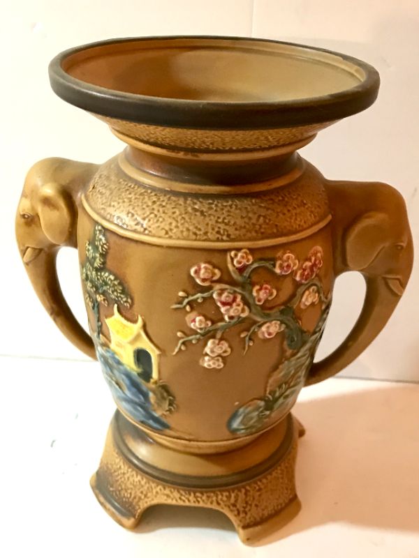 Photo 5 of VINTAGE CHINESE GORGEOUS RELIEF CERAMIC TAN HAND~PAINTED ELEPHANT HANDLES VASE 8”h & JAPANESE HAND PAINTED EGGS IN CASE