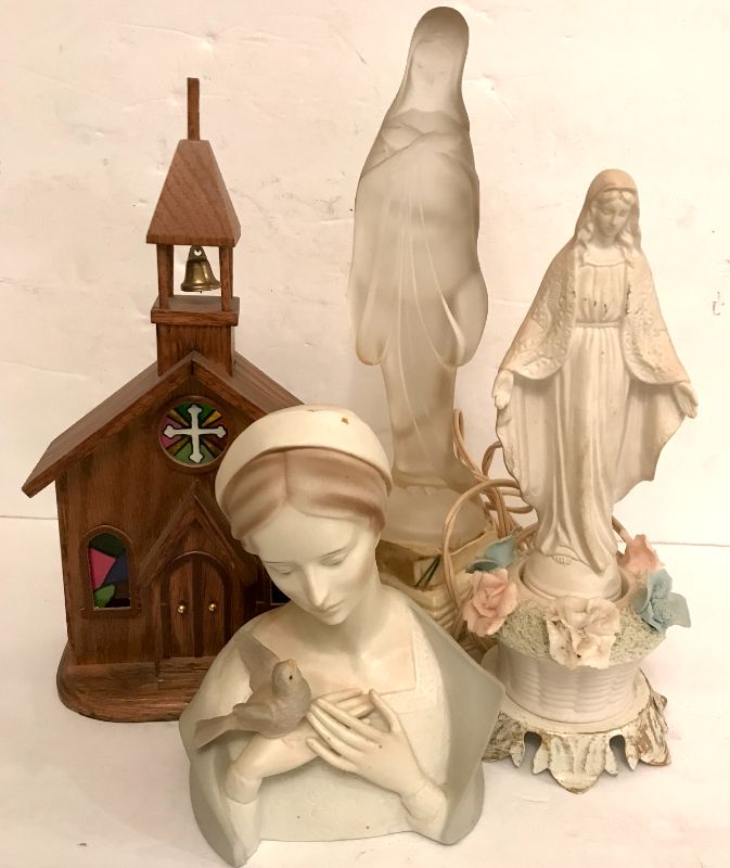 Photo 1 of RELIGIOUS FIGURINES AND  STAINED GLASS & OAK WOODEN COUNTRY CHURCH W STEEPLE & BELL TOWER MUSIC BOX