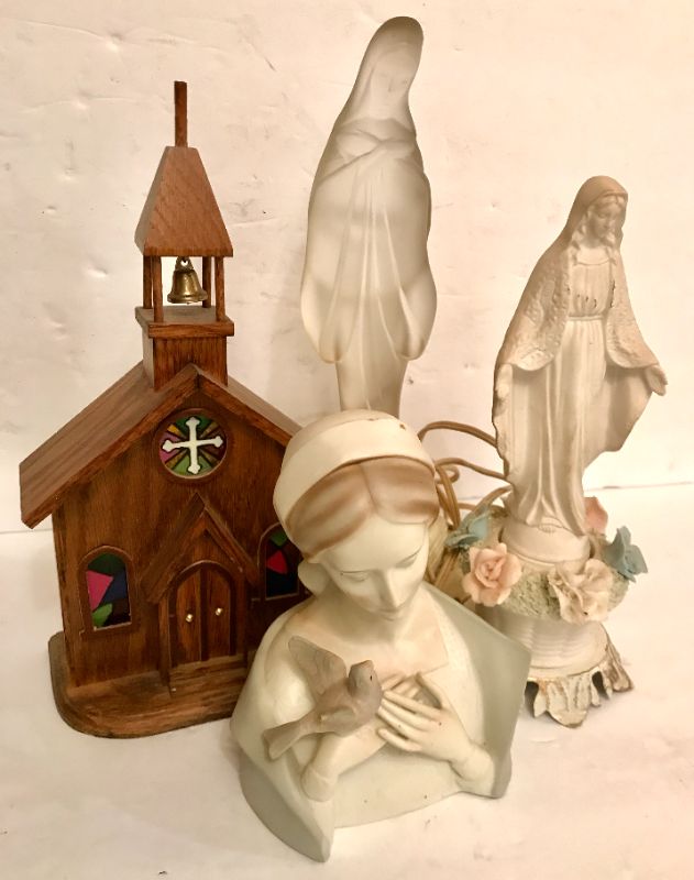 Photo 6 of RELIGIOUS FIGURINES AND  STAINED GLASS & OAK WOODEN COUNTRY CHURCH W STEEPLE & BELL TOWER MUSIC BOX