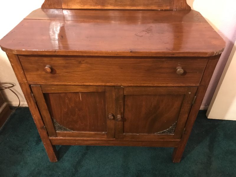 Photo 2 of 1980 WOODEN CABINET MISSING MIRROR 28”x15”x28” NOT MEASURED TO TOP OF POSTS