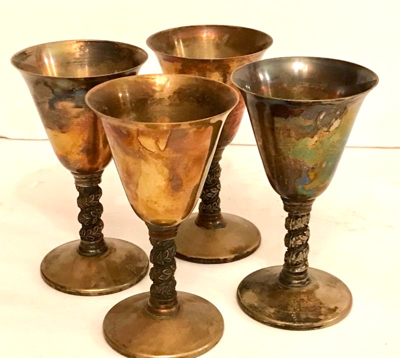 Photo 1 of SILVER PLATED ROMA SPAIN LIQUEUR GOBLETS SET OF 4 - 4OZ VINTAGE BARWARE TWISTED GRAPEVINE PATTERN STEMS
