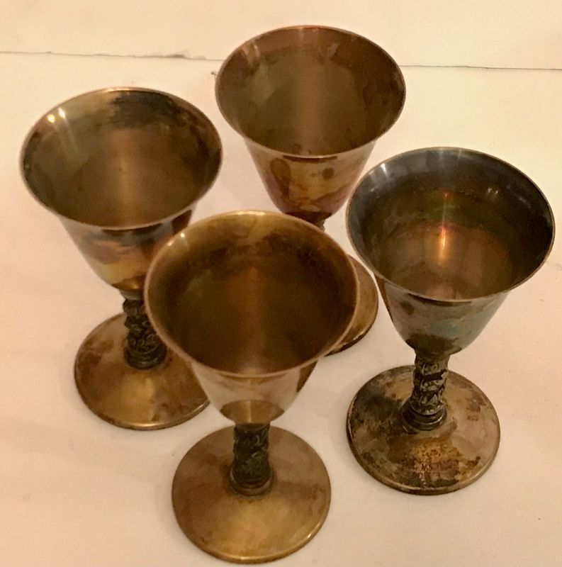 Photo 3 of SILVER PLATED ROMA SPAIN LIQUEUR GOBLETS SET OF 4 - 4OZ VINTAGE BARWARE TWISTED GRAPEVINE PATTERN STEMS