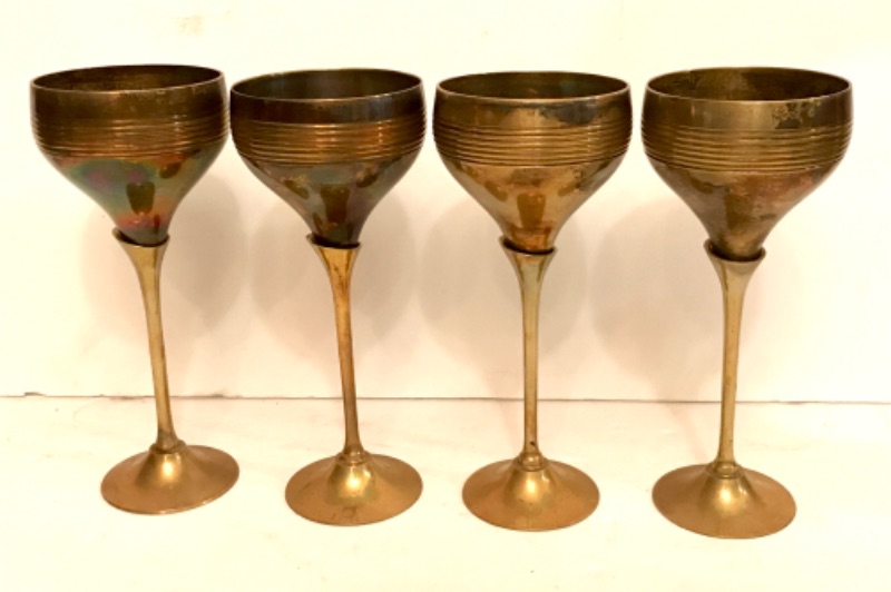 Photo 1 of 4 ART DECO MOD TWO TONE SILVER & BRASS WINE GLASSES