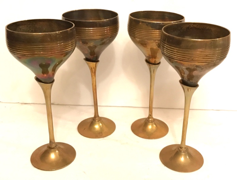 Photo 1 of 4 ART DECO MOD TWO TONE SILVER & BRASS WINE GLASSES
