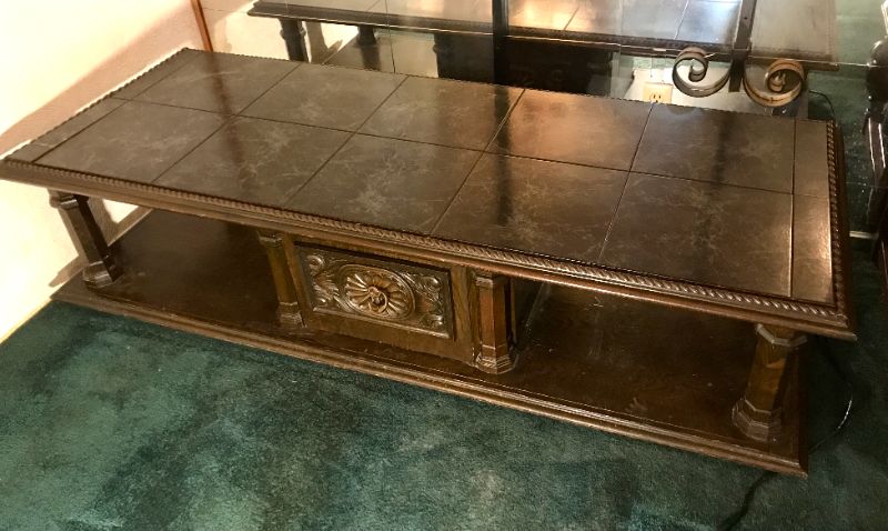 Photo 3 of ORNATE RETRO VINTAGE WOODEN COFFEE TABLE WITH TILE MARBLE DESIGN TOP 68”x 28”x 16”