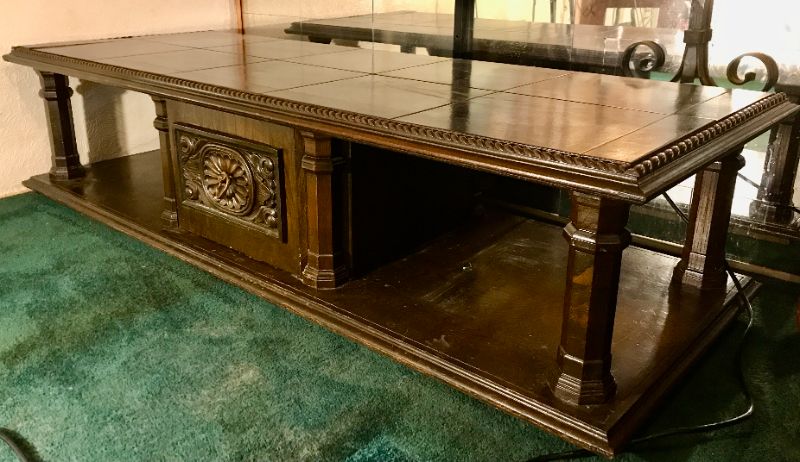 Photo 1 of ORNATE RETRO VINTAGE WOODEN COFFEE TABLE WITH TILE MARBLE DESIGN TOP 68”x 28”x 16”