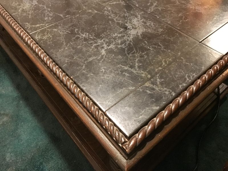 Photo 2 of ORNATE RETRO VINTAGE WOODEN COFFEE TABLE WITH TILE MARBLE DESIGN TOP 68”x 28”x 16”