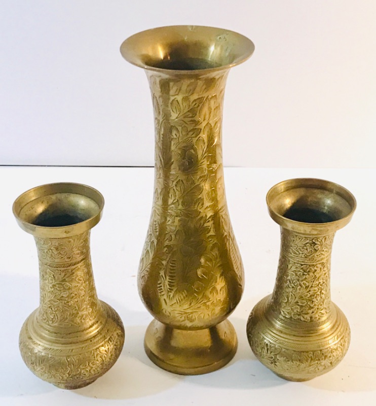 Photo 1 of ETCHED INDIAN BRASS VASES 10” H AND SMALLER ONES