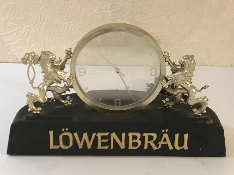 Photo 1 of VINTAGE LOWENBRAU BEER 1980 LIGHTED CLOCK MAN CAVE DECOR 80’S

