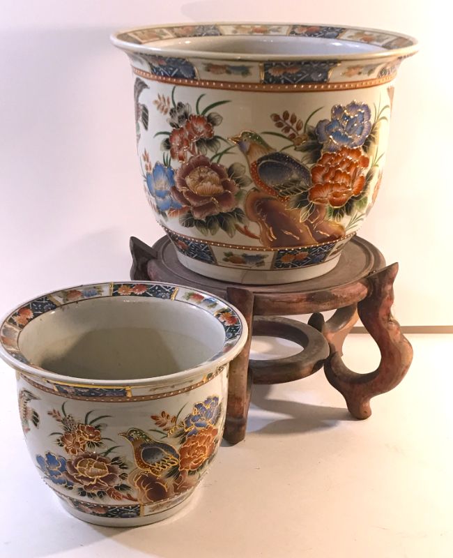 Photo 1 of CHINESE SATSUMA LARGE & MEDIUM PLANTERS WITH BIRDS HAND PAINTED