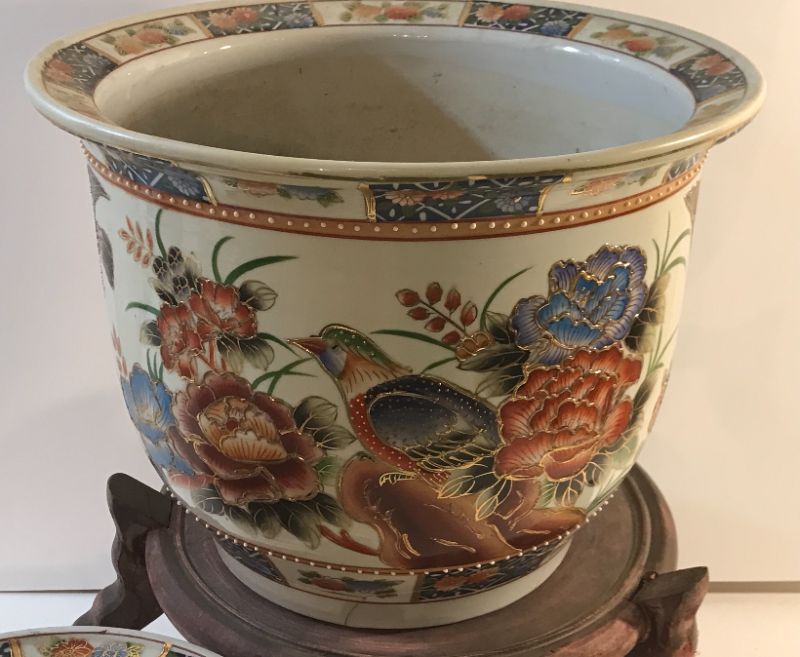Photo 1 of CHINESE SATSUMA LARGE & MEDIUM PLANTERS WITH BIRDS HAND PAINTED