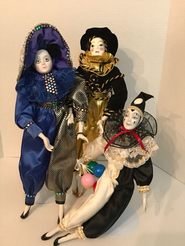 Photo 1 of THREE 1983 BALOS DOLLCRAFTERS PORCELAIN HAND PAINTED DOLLS ON STANDS 17” H