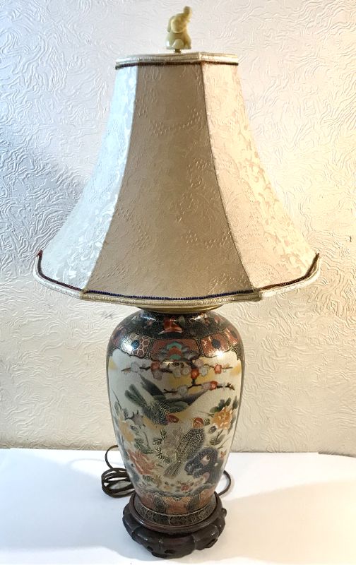 Photo 2 of ASIAN HANDPAINTED LAMP WITH BIRDS H- 32' *ONE MORE IN AUCTION
