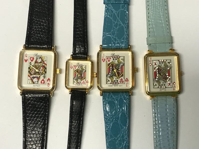 Photo 2 of VINTAGE CARD FACED WATCHES WITH LEATHER BANDS AND JEWELS