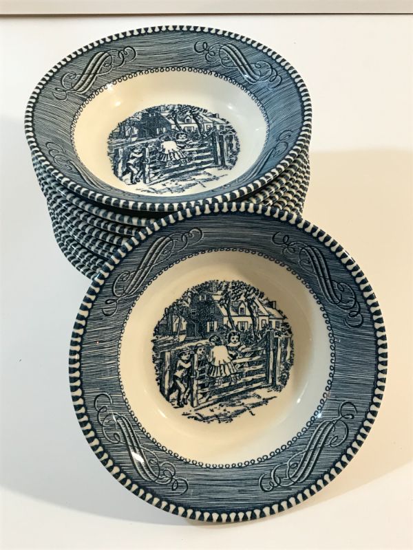 Photo 1 of CURRIER & IVES THE ROCKY MOUNTAIN UNDERGLAZED PRINT BY ROYAL 12 CUSTARD BOWLS NO CHIPS SOME STAMPED