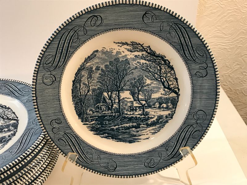 Photo 3 of CURRIER & IVES THE ROCKY MOUNTAIN UNDERGLAZED PRINT BY ROYAL 10 DINNER PLATES 10” NO CHIPS STAMPED