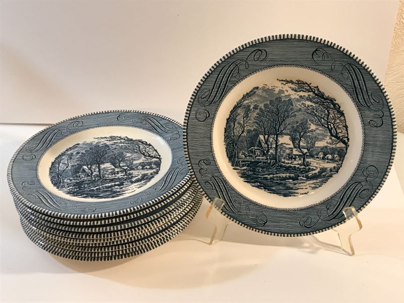 Photo 1 of CURRIER & IVES THE ROCKY MOUNTAIN UNDERGLAZED PRINT BY ROYAL 10 DINNER PLATES 10” NO CHIPS STAMPED