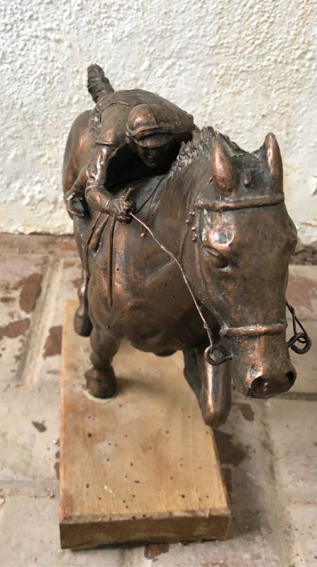 Photo 1 of BRONZE RACING JOCKEY /HORSE STATUE NO.1 ON WOOD BASE
