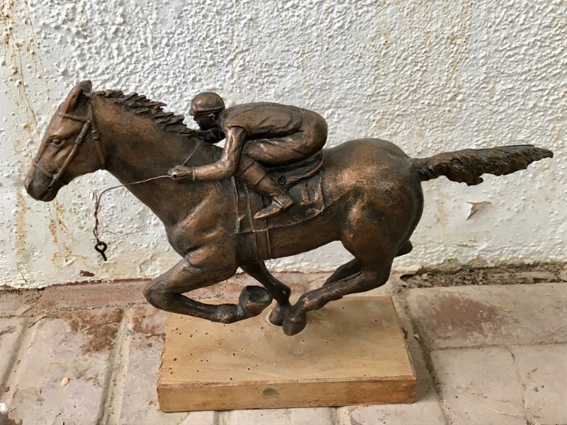 Photo 1 of BRONZE RACING JOCKEY /HORSE STATUE NO.1 ON WOOD BASE