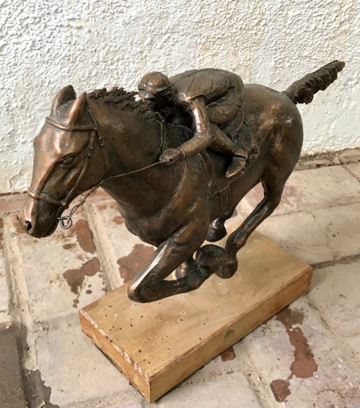 Photo 4 of BRONZE RACING JOCKEY /HORSE STATUE NO.1 ON WOOD BASE