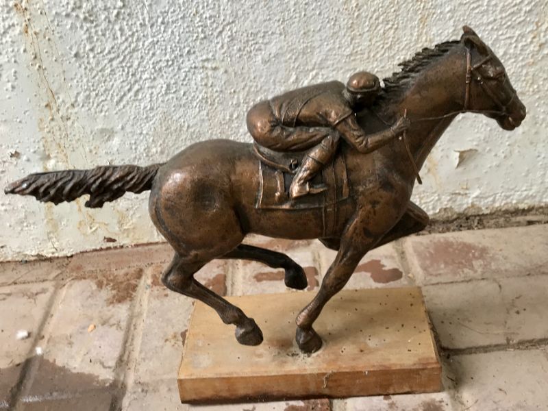 Photo 3 of BRONZE RACING JOCKEY /HORSE STATUE NO.1 ON WOOD BASE