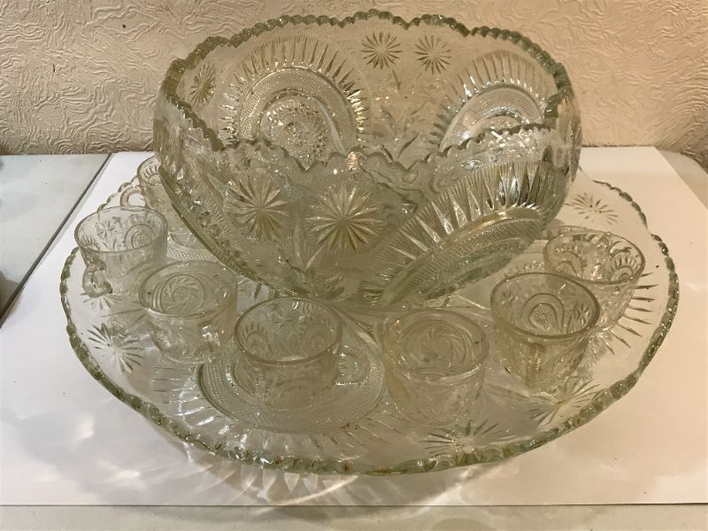 Photo 1 of VINTAGE CUTGLASS PEACOCK DESIGN PUNCH BOWL 13” DIA WITH 7 CUPS & PLATTER 21.5”