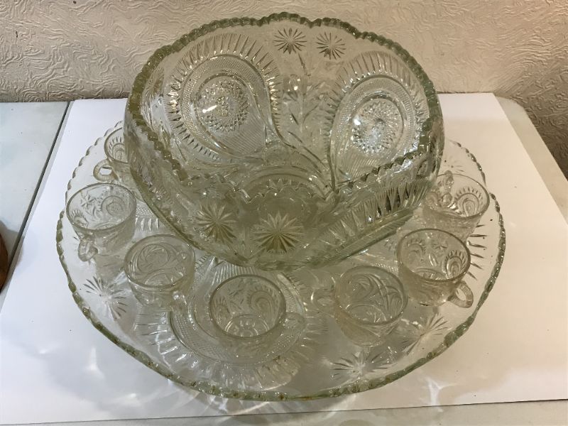Photo 2 of VINTAGE CUTGLASS PEACOCK DESIGN PUNCH BOWL 13” DIA WITH 7 CUPS & PLATTER 21.5”