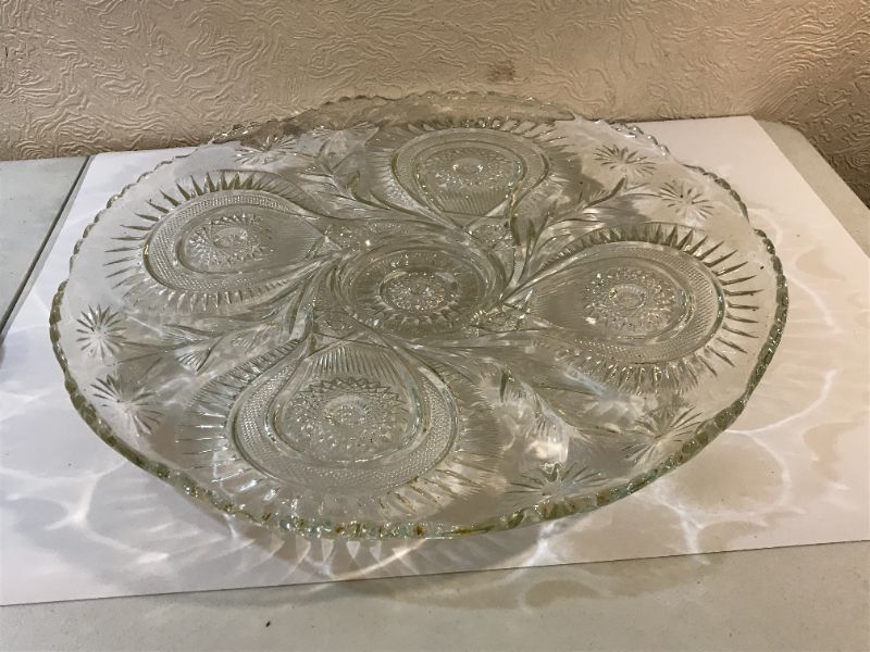 Photo 3 of VINTAGE CUTGLASS PEACOCK DESIGN PUNCH BOWL 13” DIA WITH 7 CUPS & PLATTER 21.5”