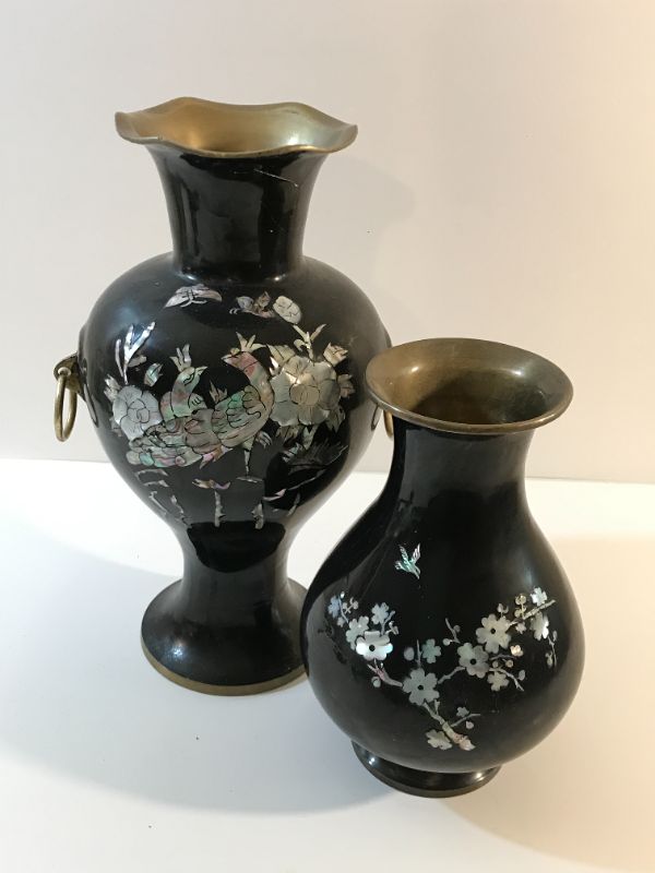 Photo 1 of BLACK LAQURED MOTHER OF PEARL INLAID DESIGN BRASS VASES 16”& 9” H