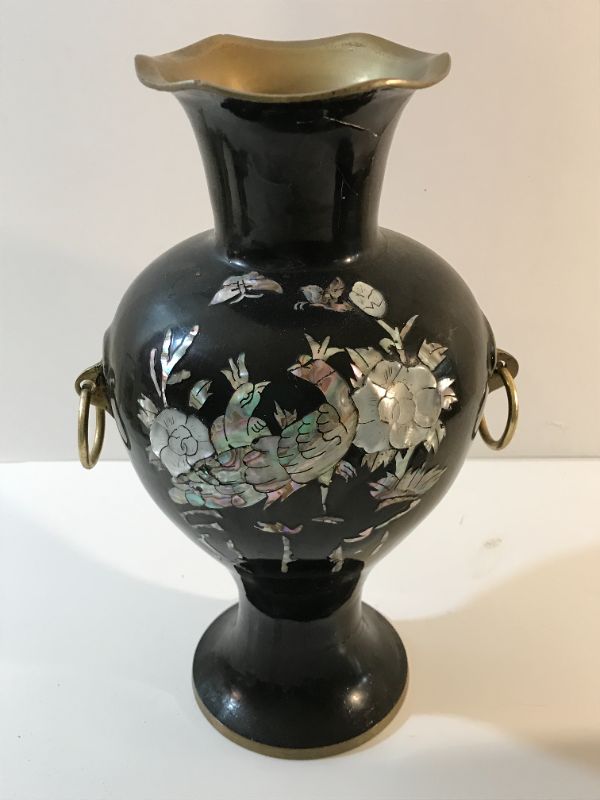 Photo 4 of BLACK LAQURED MOTHER OF PEARL INLAID DESIGN BRASS VASES 16”& 9” H