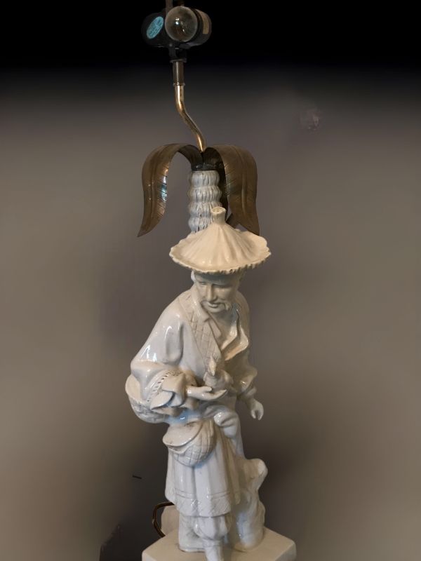 Photo 1 of VINTAGE ASIAN CHAPMAN PORCELAIN FIGURINE TABLE LAMP 6”x 6”x 30” 
NO SHADE