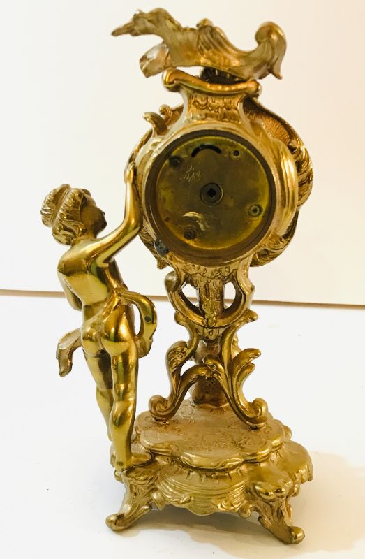 Photo 4 of ANTIQUE NEW HAVEN CLOCK, CHERUB, CIRCA 1910s, GOLD ACCENTED 7.25” H